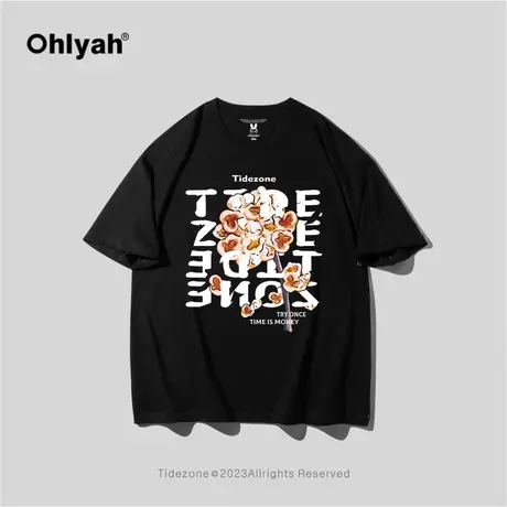 Ohlyah夏季T恤男休闲百搭字母爆米花树印花舒适纯棉直筒短袖上衣图片