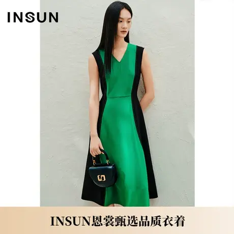 INSUN恩裳夏季三醋酸撞色拼接收腰连衣裙图片
