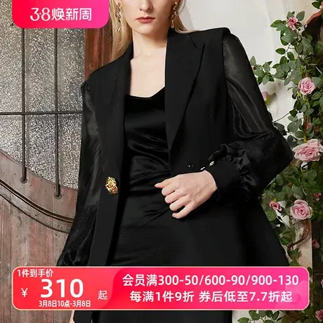 AUI黑色高级感修身职业西装外套女2024春季新款气质垫肩长袖西服图片
