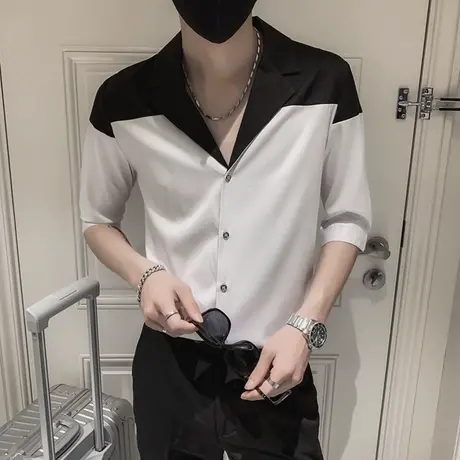 短袖夏季古巴领衬衫潮流韩版拼色垂感上衣ins帅气休闲七分袖衬衣商品大图