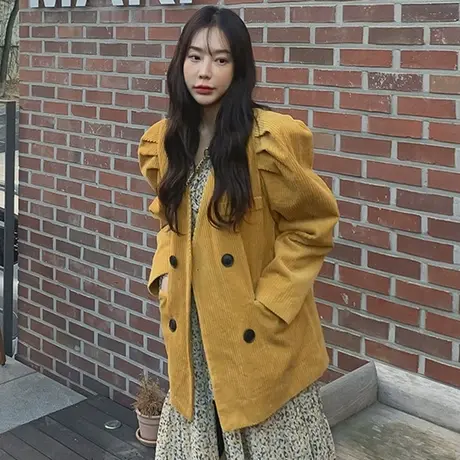 春秋新款短款灯芯绒西装女韩版宽松大码双排扣时尚休闲西服外套潮商品大图