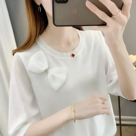 夏季女装2023新款针织冰丝短袖t恤女蝴蝶结设计感小众薄款上衣潮商品大图