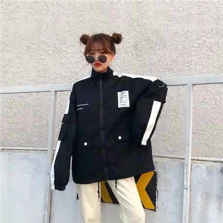 春秋新款韩版学院风学生宽松bf撞色大口袋原宿嘻哈棒球服外套女潮商品大图