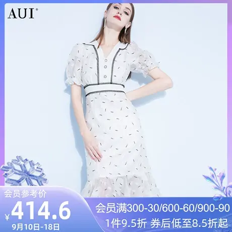 AUI气质泡泡袖女人味雪纺连衣裙女夏2023新款荷叶边鱼尾包臀裙子图片