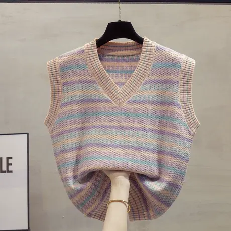 v领针织马甲背心女2023秋装新款宽松外穿马夹叠穿条纹毛衣坎肩潮商品大图