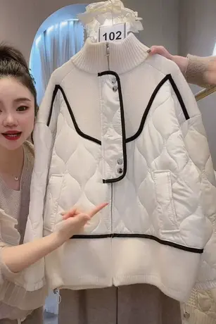 抖音爆款黑白撞色欧洲站棉服宽松显瘦立领针织保暖休闲棉衣外套女图片
