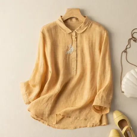 苎麻衬衫九分袖文艺复古宽松棉麻上衣女纯色刺绣衬衣2022春夏新款图片