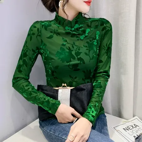 复古国风女装性感网纱长袖T恤春秋设计感盘扣上衣紧身内搭打底衫商品大图