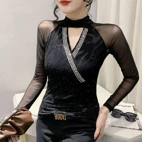 2023秋冬新款性感镂空V领T恤女长袖洋气网纱小衫设计感烫钻上衣潮商品大图