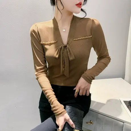 性感网纱手工钉珠上衣设计感蝴蝶结V领T恤女长袖洋气修身打底衫商品大图