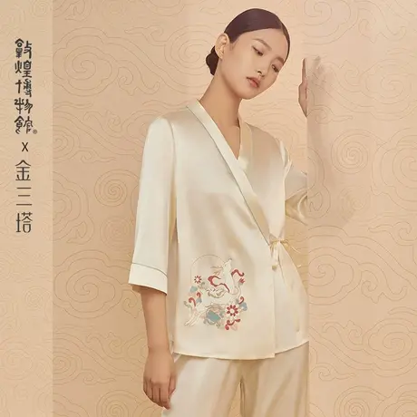 礼物】金三塔&敦煌重磅真丝印花中式国风桑蚕丝衣裤套家居服女士图片