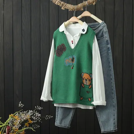 卡通提花针织马甲女士秋季新款宽松V领套头坎肩毛衣背心外穿马夹商品大图