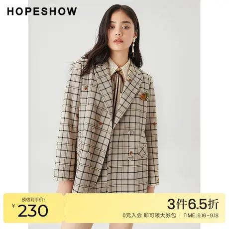 红袖outlets格纹翻领西装女hopeshow2022春季款草莓刺绣西服外套图片