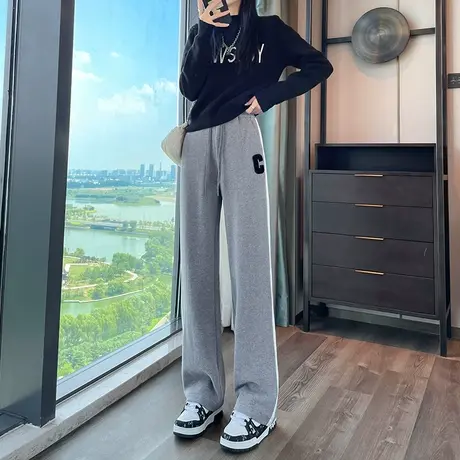 灰色阔腿运动裤女秋冬新款高腰垂感直筒宽松显瘦撞色慵懒风休闲裤图片