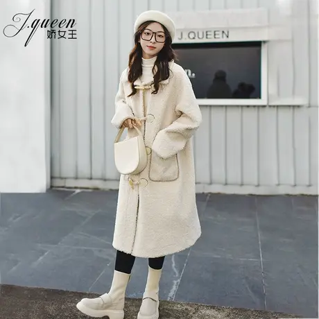 羊羔毛外套女冬季新款宽松加厚牛角扣仿皮毛一体长款毛绒保暖大衣商品大图