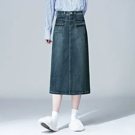 日系牛仔半身裙女春秋季高腰过膝开叉一步包臀裙大码胖MM显瘦筒裙图片