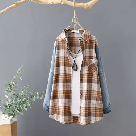 设计感小众牛仔格子拼接衬衫女2023秋季新款韩范长袖外套衬衣上衣商品大图