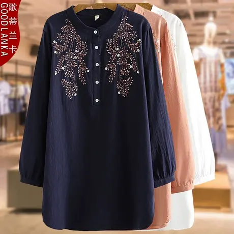 中年胖妈妈女士衬衫200斤春装新款2023大码宽松中长款刺绣衬衫裙商品大图