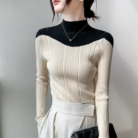 拼色半高领针织衫女2023新款早春时髦时尚洋气上衣长袖内搭打底衫商品大图