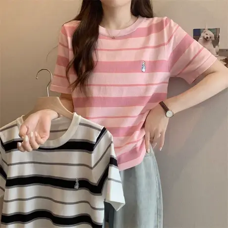 美式复古绿色条纹短袖t恤女国潮牌夏季宽松正肩百搭休闲半袖上衣商品大图