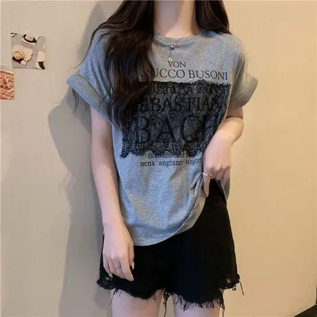 ins超火蕾丝短袖T恤女夏装2023新款纯棉宽松半袖潮牌设计感上衣服商品大图