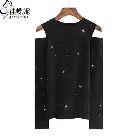 春秋新款圆领纯棉亮片闪闪修身显瘦上衣女打底衫内搭星空露肩长袖商品大图