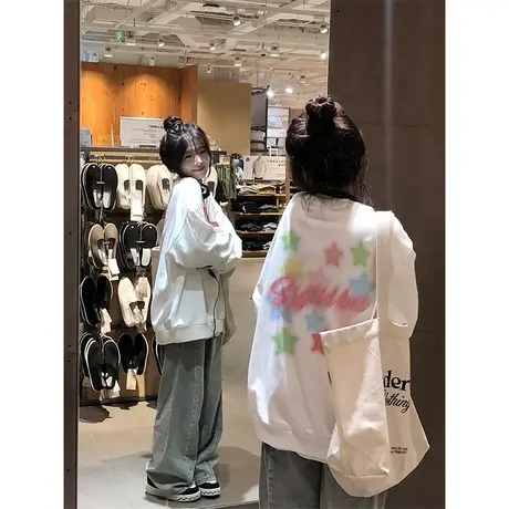 设计感星星印花卫衣女春秋薄款2023新款宽松慵懒风早秋季上衣外套图片