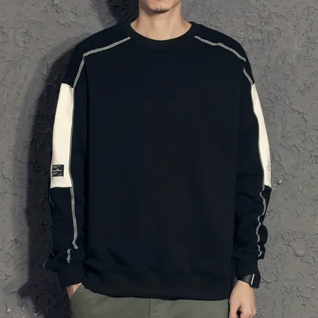 奕飏缉明线撞色拼接套头圆领卫衣男 2021春秋款宽松秋季上衣外套商品大图