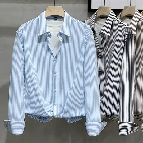 韩版男士衬衫商务休闲弹力丝滑条纹长袖衬衫春秋季免烫冰丝衬衣男商品大图