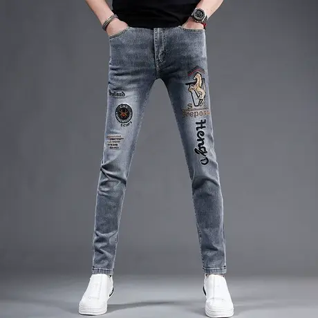 2023新款刺绣牛仔裤男潮牌修身小脚夏季薄款蓝灰色弹力男裤子绣花商品大图