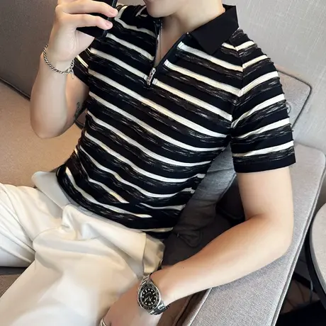 ins夏季条纹T恤男短袖休闲翻领冰丝凉感半袖TEE套头拉链V领polo衫商品大图