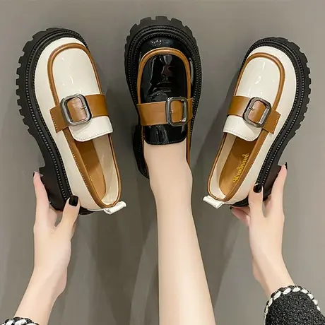 松糕厚底圆头小皮鞋女2023春秋新款增高乐福鞋英伦风漆皮百搭单鞋商品大图