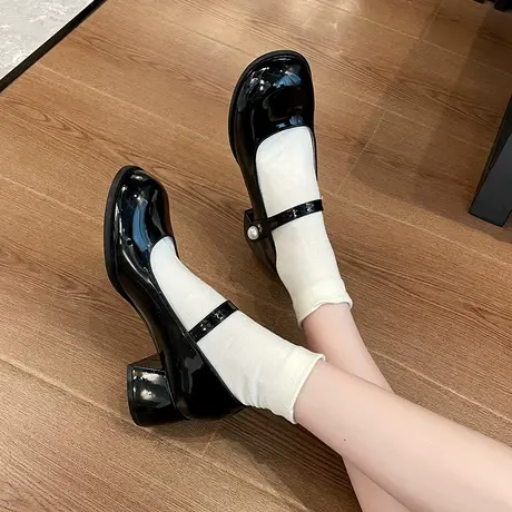 复古玛丽珍鞋女2023年新款夏季粗跟法式鞋子黑色配裙子温柔小皮鞋商品大图
