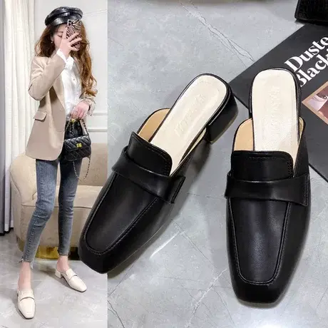 珍珠包头凉拖夏粗跟2023一字带拖鞋女外穿白色方头半拖中跟仙女商品大图