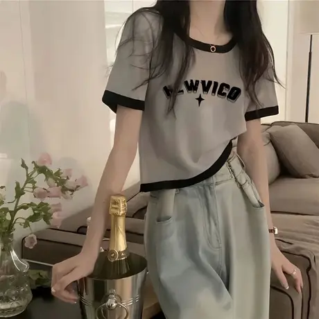 胖mm大码夏季新款显瘦遮肉正肩短袖t恤女装撞色设计感上衣潮200斤商品大图