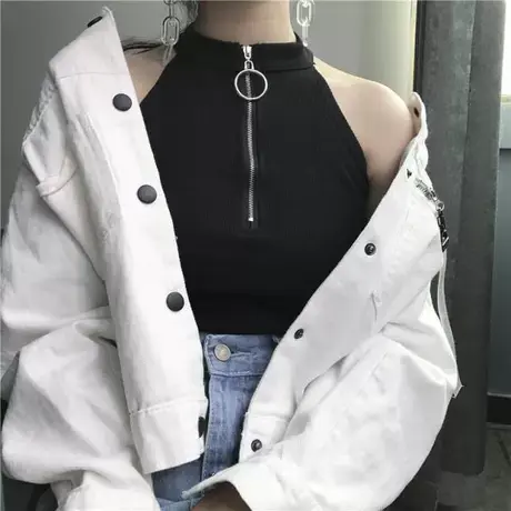 港风chic复古拉链高领修身显瘦短款背心吊带女夏季挂脖打底上衣潮图片