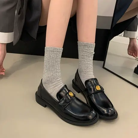2024春秋款厚底单鞋懒人一脚蹬粗跟乐福鞋女复古黑色配裙子小皮鞋图片