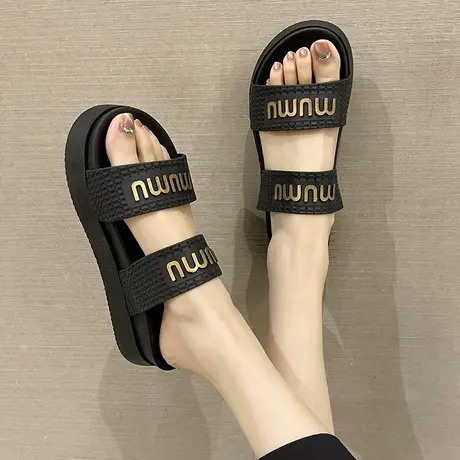 松糕一字拖女夏季网红外穿时尚字母双带厚底增高跟防滑沙滩凉拖鞋商品大图