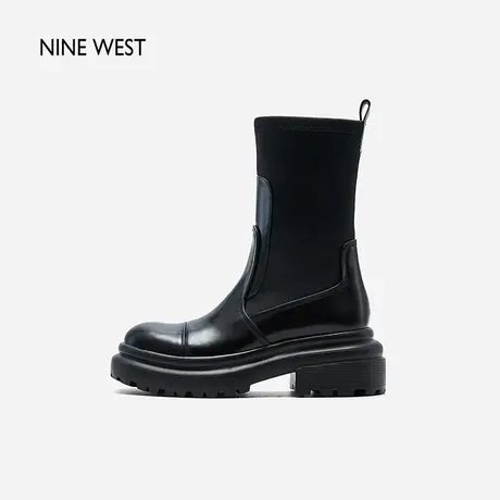 Nine West/玖熙弹力拼接套筒短靴女2023冬新款增高厚底英伦瘦瘦靴图片