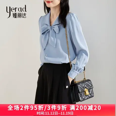 娅丽达蝴蝶结雾霾蓝雪纺衫2023春季新款小众设计感飘带垂感衬衫女商品大图