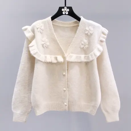 韩系温柔风木耳边毛衣外套女秋冬2023新款宽松高级感软糯针织开衫商品大图