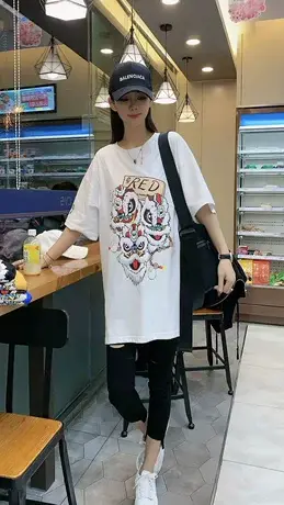 国潮风短袖t恤女夏季2023新款舞狮印花宽松韩版网红ins体恤上衣潮商品大图