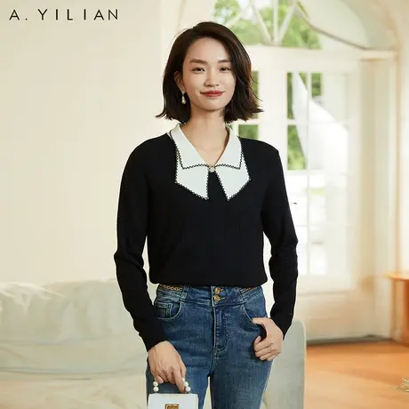 阿依莲美洋结双层领套头毛衣女2024新款春季撞色拼接设计感针织衫图片