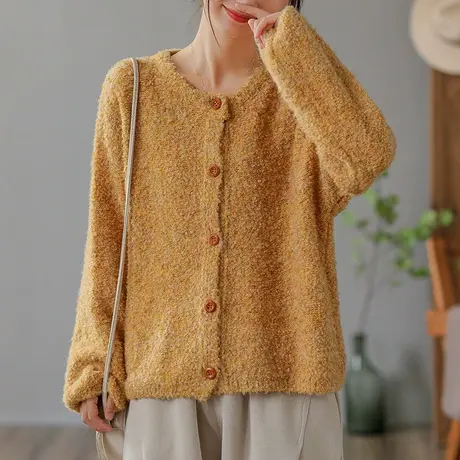 dza 复古宽松毛绒棉线针织开衫女士春秋休闲毛衣外套女装圆领外搭图片