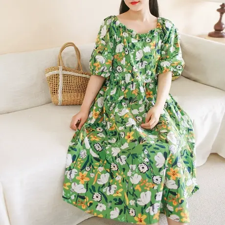 胖妹妹夏季2023新品棉质印花短袖连衣裙 加大码复古V领清新花朵裙商品大图