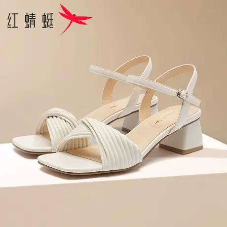 红蜻蜓女鞋2025夏季一字扣带时尚方头高跟鞋百搭配裙子粗跟凉鞋女商品大图