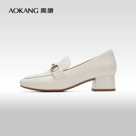 【门店发货】奥康女鞋 春季新款时尚真皮浅口单鞋粗跟小皮鞋图片