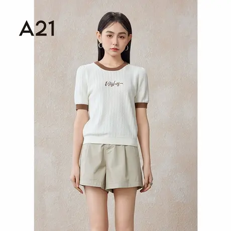 A21女装合体圆领套头短袖线衫美式撞色简约百搭T恤女显瘦修身商品大图