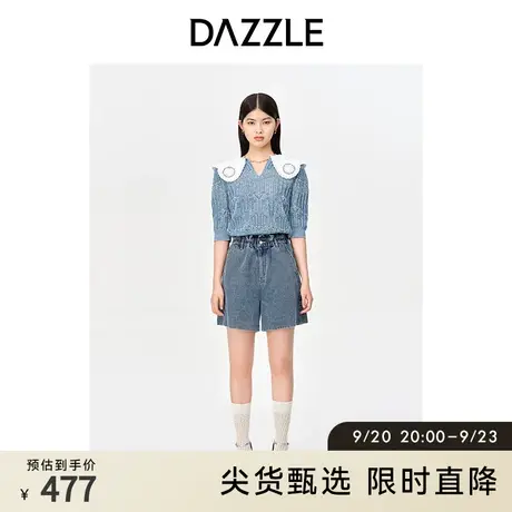 DAZZLE地素奥莱 春季高腰复古蓝色做旧牛仔短裤女图片