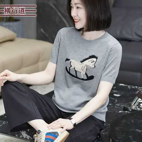 简约可爱圆领木马宽松针织短袖上衣服女外穿大码休闲2025夏季新款商品大图